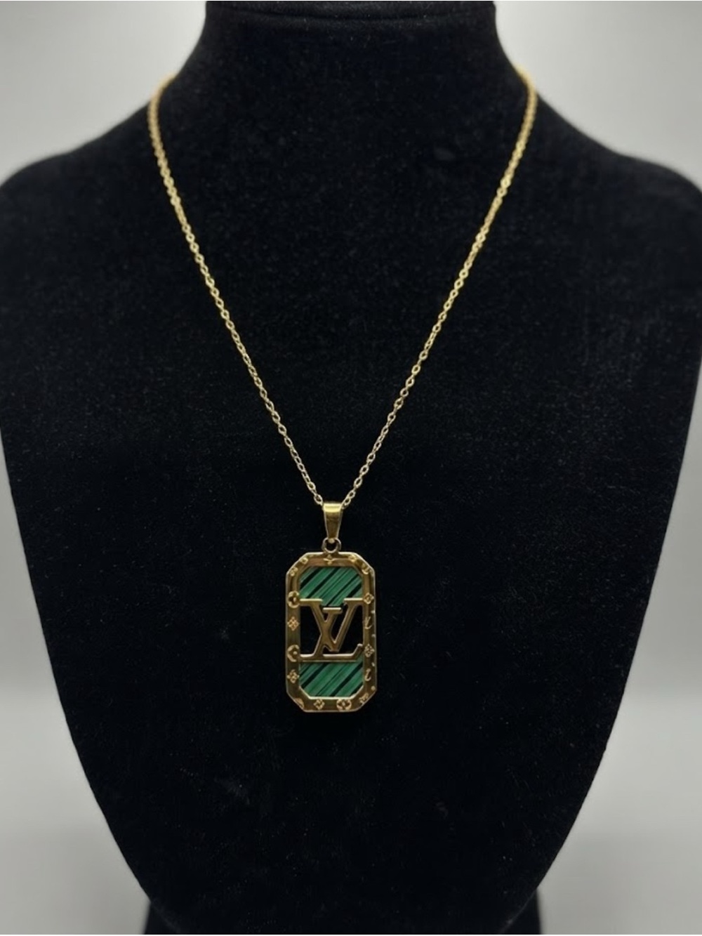 Brand new stainless steel Green Striped Enamel and Gold LV Pendant Necklace